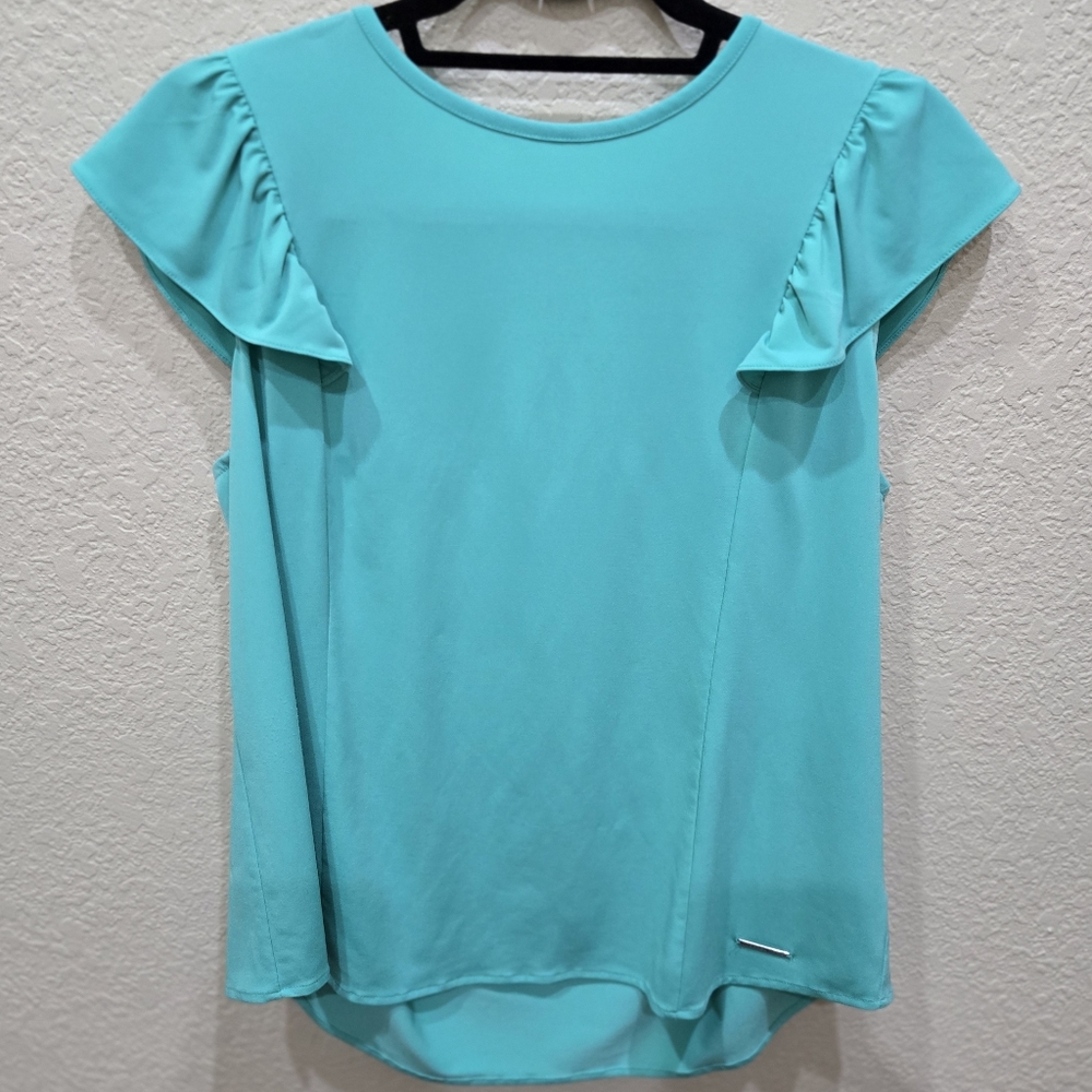 Michael Kors Aqua Ruffle Sleeve Blouse teal top with ruffled cap sleeves
